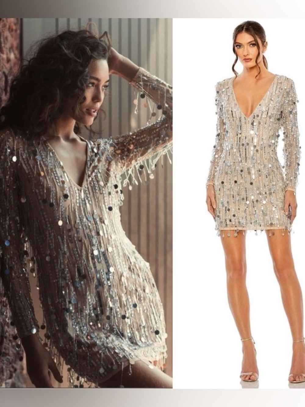 Mac Duggal 🪩 Remington Embellished Fringe Long-Sleeve Deep-V Mini Dress 93850 - Picture 3 of 11
